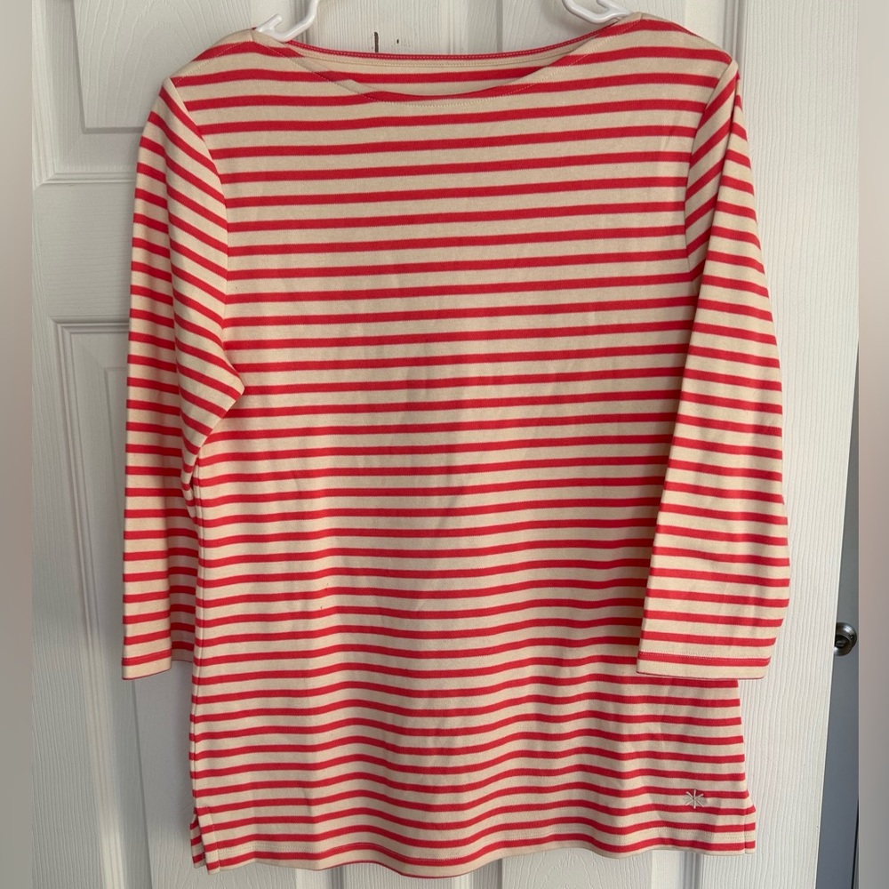 New Isaac Mizrahi Essential Yarn Dye Stripe 3/4 Sleeve Top Coral Size Small